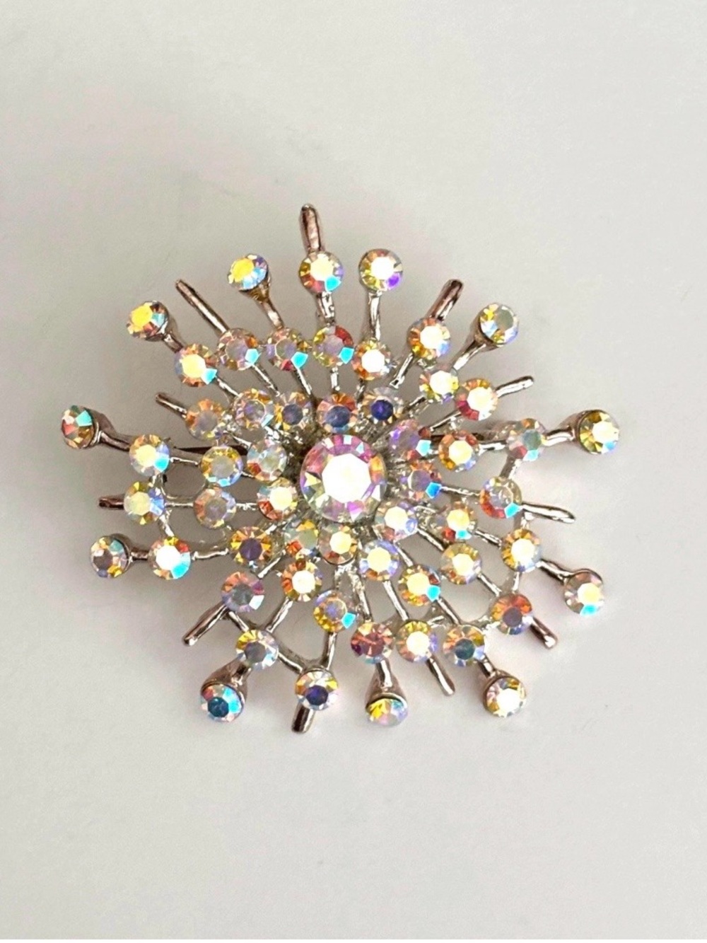 Vintage 60s AB Rhinestone Starburst Brooch Pendant